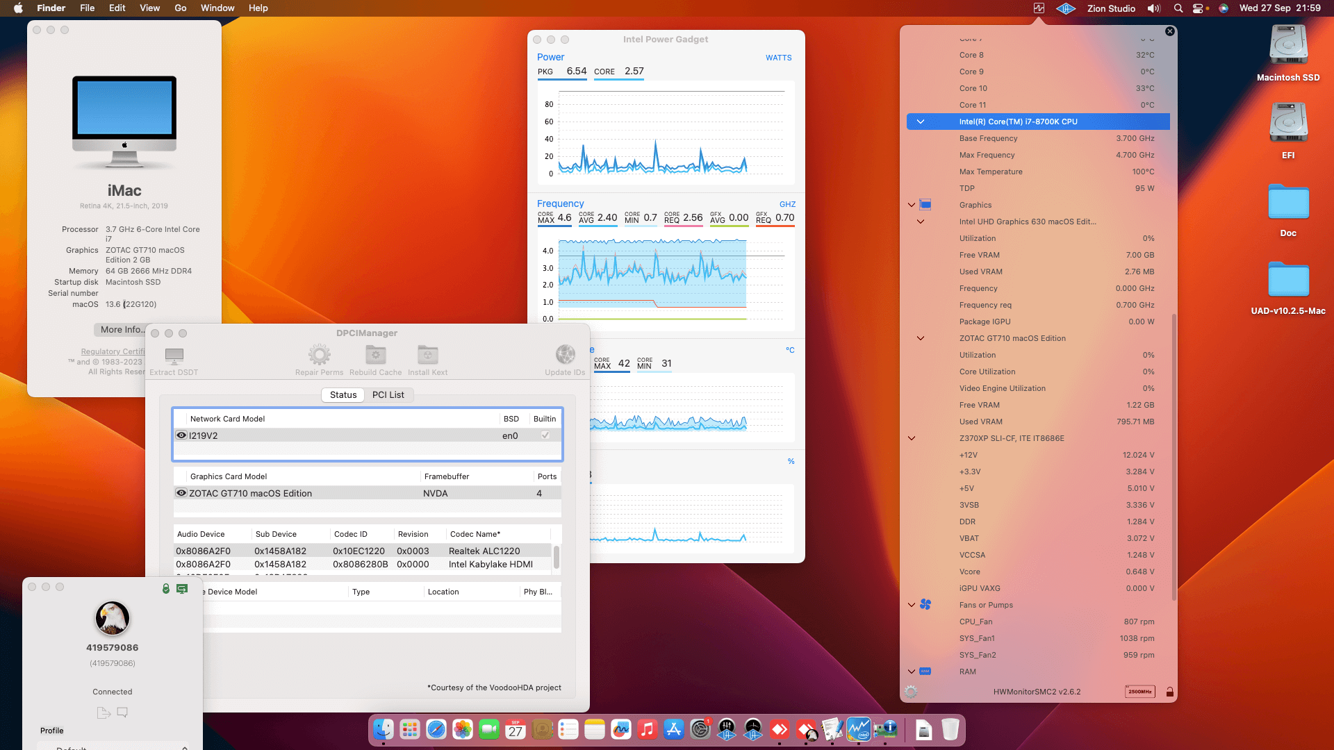 Success Hackintosh macOS Ventura 13.6 Build 22G120 in Gigabyte Z370XP SLI + Intel Core i7 8700K + Zotac GT 710